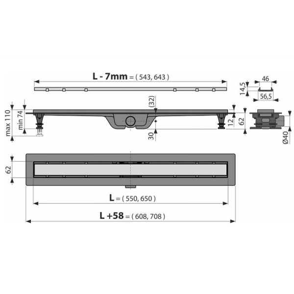 Лоток душевой AlcaPlast / AlcaDrain 650 мм с порогами, под кладку плитки (боковой слив D40, комбинированный гидрозатвор (APZ19-650) Лоток душевой AlcaPlast / AlcaDrain 650 мм с порогами, под кладку плитки (боковой слив D40, комбинированный гидрозатвор (APZ19-650)