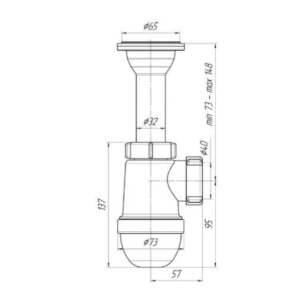 Сифон 32 мм. (1 1/4"*40 мм.) бутылочный АНИ с литым выпуском 1 1/4"*65 мм. АНИ пласт (C2000)