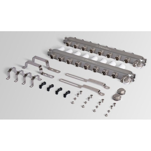 Коллекторная группа 8 отводов 1"*3/4"(18) ЕК с регулировочными клапанами Okseler (нерж.ст) с дренажным краном и краном Маевского (Oks00307)