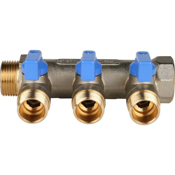 Коллектор 3 отвода с шаровыми клапанами 3/4"x1/2"(16) Stout (латунь, синие ручки) (SMB-6201-341203)