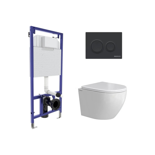 Комплект инсталляция с унитазом Berges Novum кнопка O5 Soft Touch черная, унитаз Okus Rimless 49 см, сиденье с soft-close (043390)