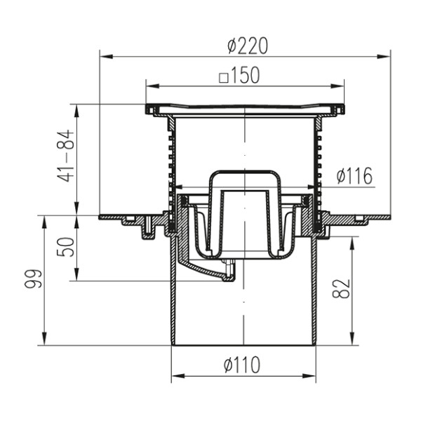 Трап MCH с нижним сливом универсальный DN110 решетка нерж. 150х150 (г/з+с/з) c фланцем