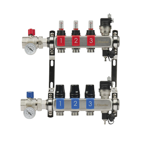 Коллекторная группа 3 отвода 1"*3/4"(18) ЕК с расходомерами Okseler (нерж.ст) с автоматическими воздухоотводчикоми и шаровыми кранами с термометрами (