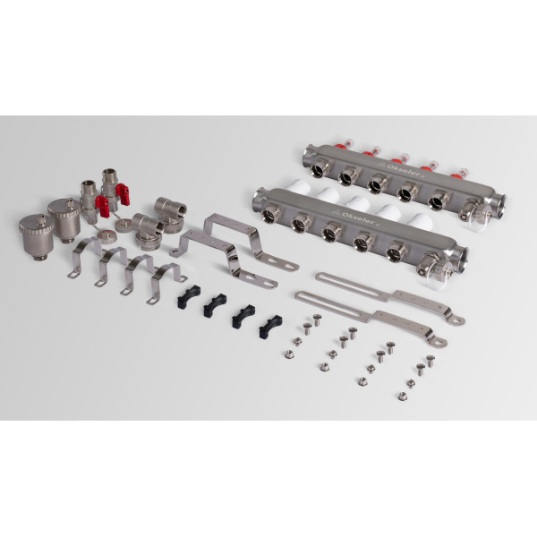 Коллекторная группа 5 отводов 1"*3/4"(18) ЕК с расходомерами Okseler (нерж.ст) с автоматическим воздухоотводчиком и спускным краном (Oks00343)