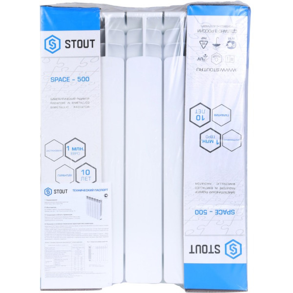 Радиатор биметаллический Stout Space 500 4 секции (нижнее правое подключение RAL9016) (SRB-0320-050004)