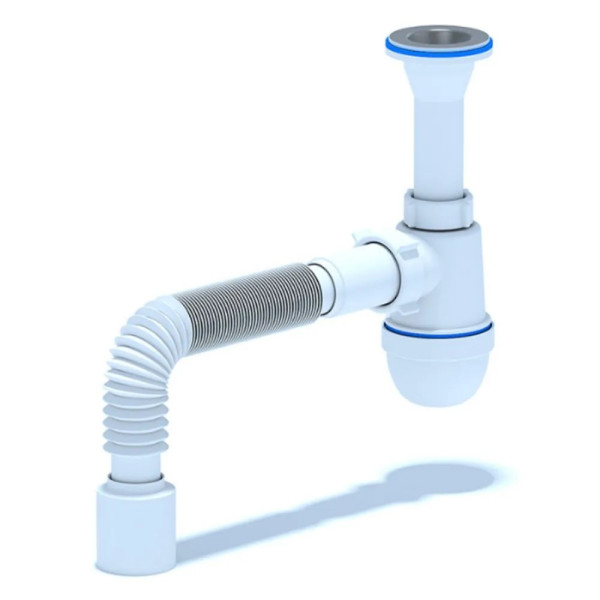 Сифон 32 мм. (1 1/4"*40 мм.) бутылочный АНИ с литым выпуском 1 1/4"*65 мм., с гибкой трубой 40*50 АНИ пласт (C2010)