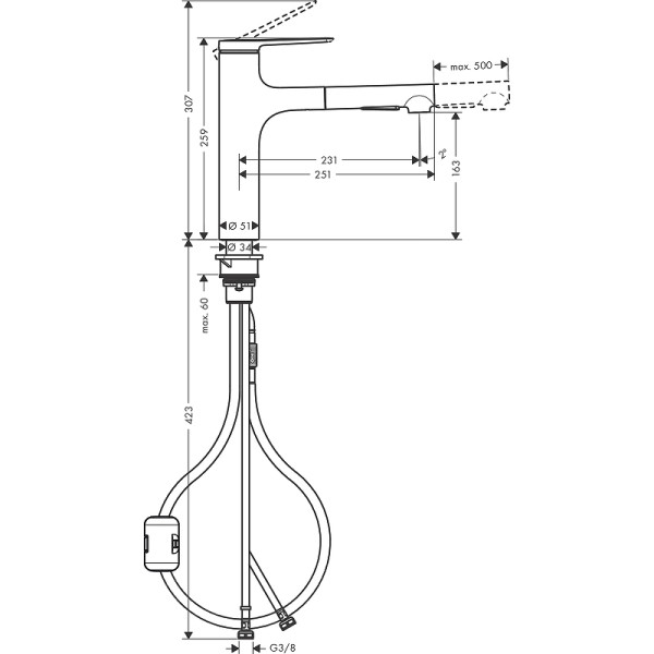 Смеситель для кухни Hansgrohe Zesis M хром, с видвижным изливом (74801800) Смеситель для кухни Hansgrohe Zesis M хром, с видвижным изливом (74801800)