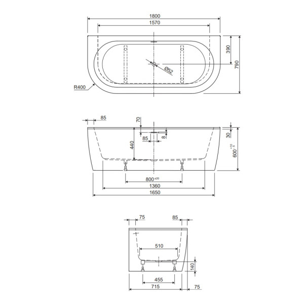 Ванна акриловая Cezares Slim 180x79x60 белый (SLIM WALL-180-80-60-W37-SET)