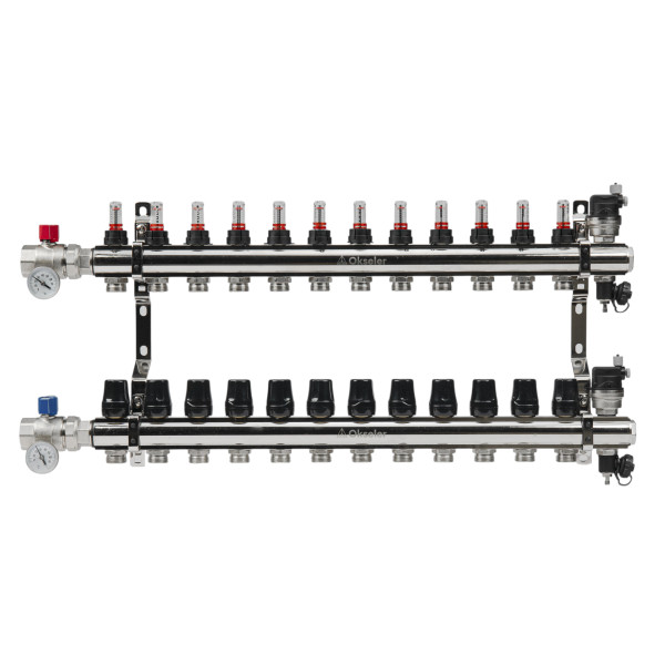 Коллекторная группа 12 отводов 1"*3/4"(18) ЕК с расходомерами Okseler (латунь) с автоматическими воздухоотводчикоми и шаровыми кранами с термометрами