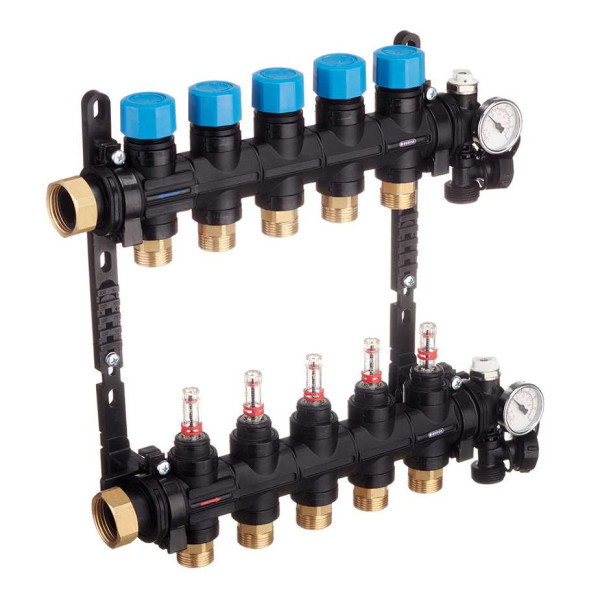 Коллекторная группа 5 отводов 1" с расходомерами и термометрами Henco (композит) (UFH-0605MDK05-03L)