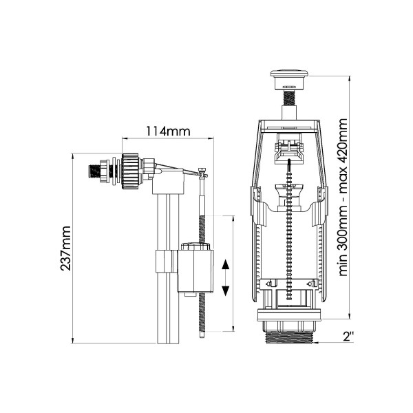 Арматура для смывного бачка Nova боковой подвод 1/2" (пластик) 1-уровень, кнопка хром (4166)
