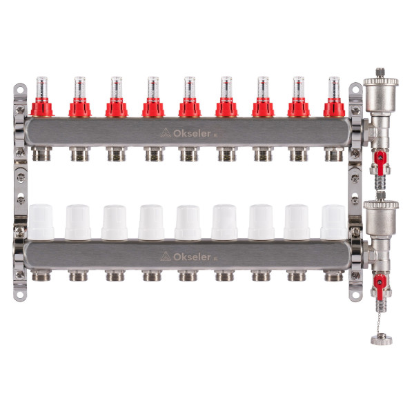 Коллекторная группа 9 отводов 1"*3/4"(18) ЕК с расходомерами Okseler (нерж.ст) с автоматическим воздухоотводчиком и спускным краном (Oks00347)