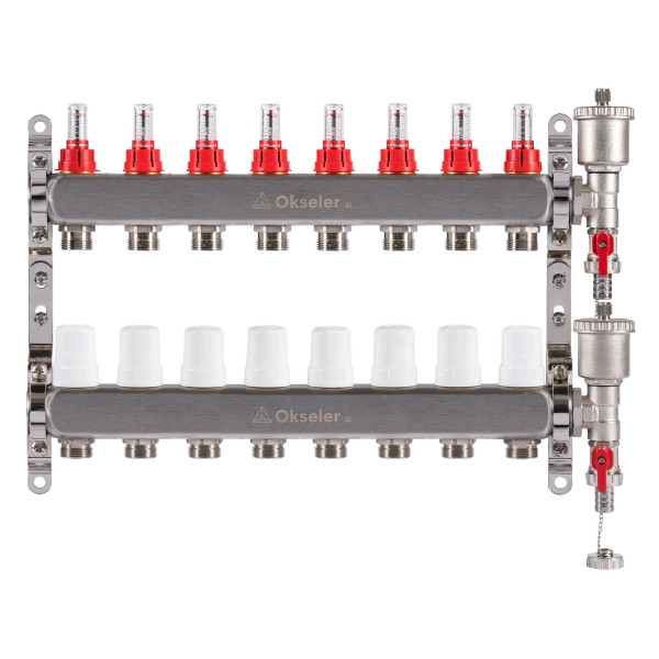 Коллекторная группа 8 отводов 1"*3/4"(18) ЕК с расходомерами Okseler (нерж.ст) с автоматическим воздухоотводчиком и спускным краном (Oks00346)