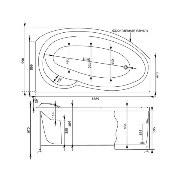 Ванна акриловая Aquanet Jersey 170х100 R без гидромассажа