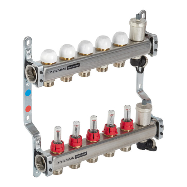 Коллекторная группа Tiemme 5 отводов 1"-3/4" НР ЕК M30х1,5 мм. с расходомерами (нерж.ст) (3920131) Коллекторная группа Tiemme 5 отводов 1"-3/4" НР ЕК M30х1,5 мм. с расходомерами (нерж.ст) (3920131)