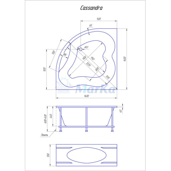 Ванна акриловая 1MarKa Cassandra 140*140 без гидромассажа