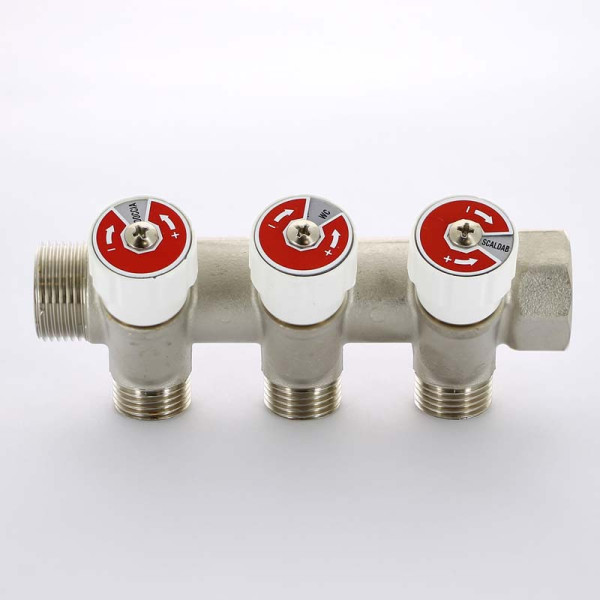 Коллектор Uni-Fitt 3 отвода НВ 3/4"х1/2" 40 мм с вентилями никелированный