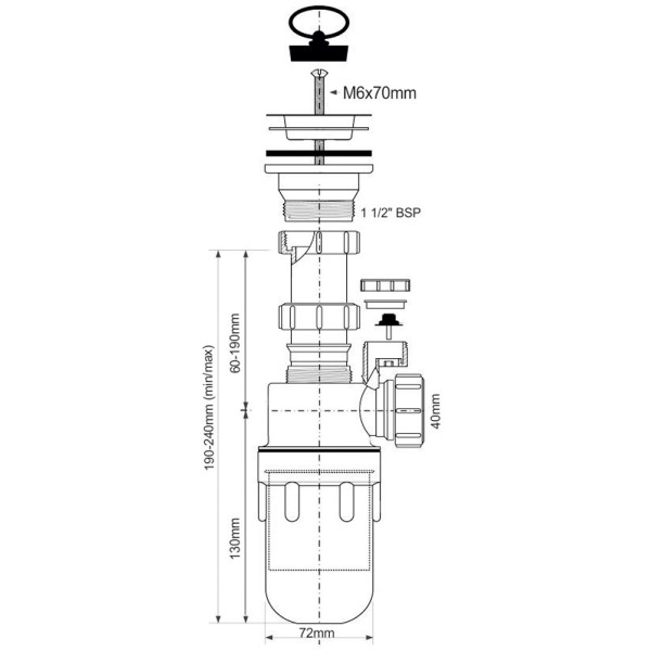 Сифон для раковины McAlpine 1 1/2''*40 мм с выпуском 70 мм, бутылочный (MRSK13V) Сифон для раковины McAlpine 1 1/2''*40 мм с выпуском 70 мм, бутылочный (MRSK13V)