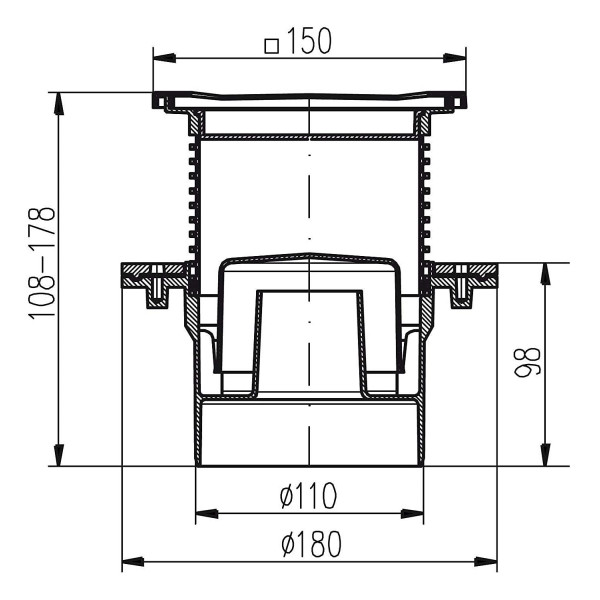 Трап MCH для пола D110 решетка нерж. 150х150 с воротником Трап MCH для пола D110 решетка нерж. 150х150 с воротником