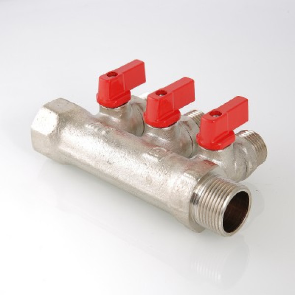 Коллектор 3 отв. с шар. клапанами 3/4*1/2" Valtec (никель) красные ручки (VTc.580.N.0503) Коллектор 3 отв. с шар. клапанами 3/4*1/2" Valtec (никель) красные ручки (VTc.580.N.0503)