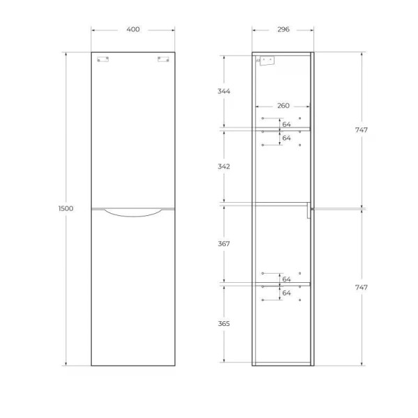 Шкаф подвесной Cezares Fly-Marino 400x300x1500 с двумя расп-ными дверцами с доводчиками с двумя полками левостор. Rovere Rustico (FLY-MARINO-1500-2A-S