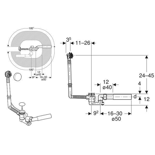 Слив-перелив Geberit, d52, длина 26 см, с декоративным комплектом: Глянцевый хром (150.520.21.6)