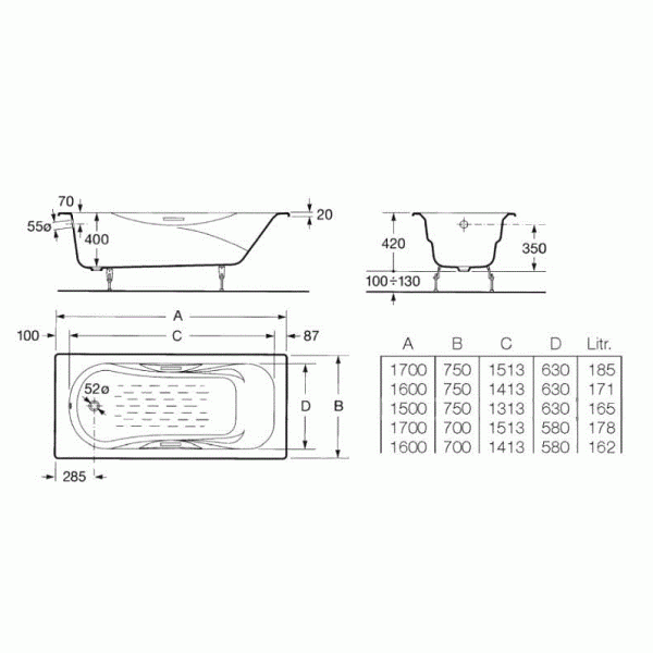 Ванна чугунная Roca Malibu 170x75 без отв. под ручки, c противоскользящим покрытием (230960000)