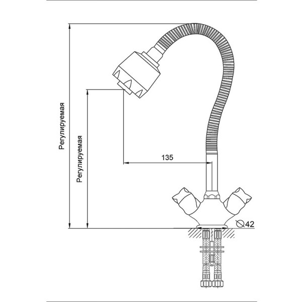 Смеситель для кухни Melodia Retro высокий R-излив гибкий крест резина, без гибкой подводки, хром (MDV32311)