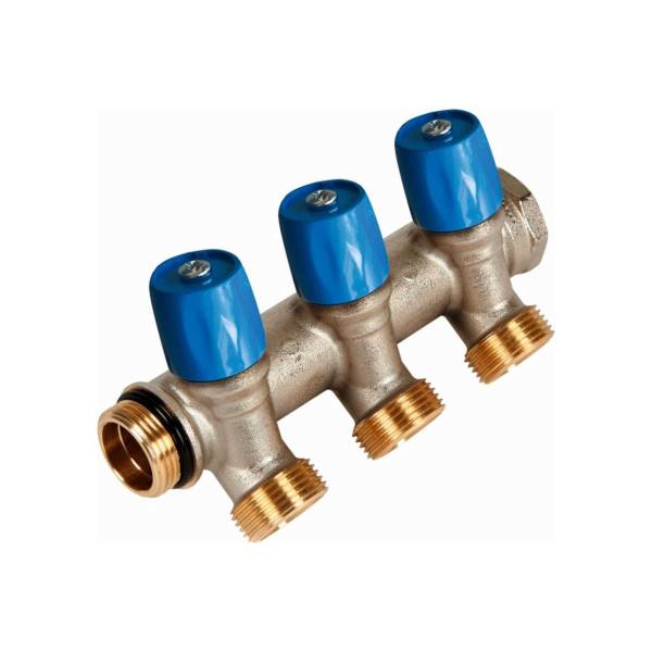 Коллектор VBS 3 отв. с синими вентилями 3/4"х3/4" НР под евроконус, Henco синие ручки (VBS050503-BL)