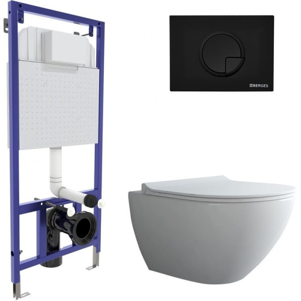Комплект инсталляция с унитазом Berges Novum c с кнопкой R5 SoftTouch черная, унитаз PUMA Rimless, сиденье Toma Slim SO (043268)