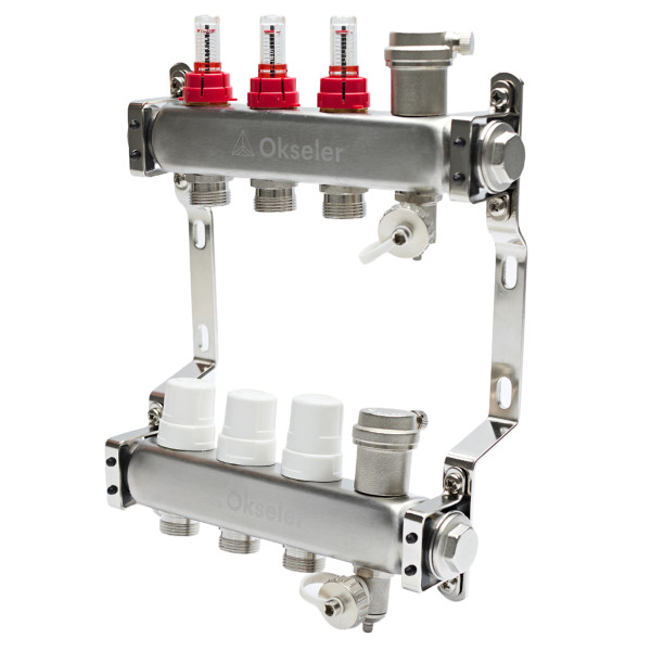 Коллекторная группа 5 отводов 1"*3/4"(18) ЕК с расходомерами Okseler (нерж.ст) с автоматическим воздухоотводчиком и дренажным краном (Oks01010)