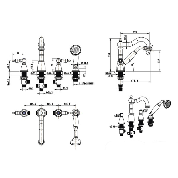 Смеситель на борт ванны Boheme Royal Cristal CR (хром) (396-Royal/CRST black)
