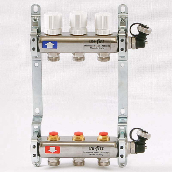 Коллекторная группа Uni-Fitt 3 отвода 1"х3/4" с балансировочными и термостатическими вентилями нерж. сталь