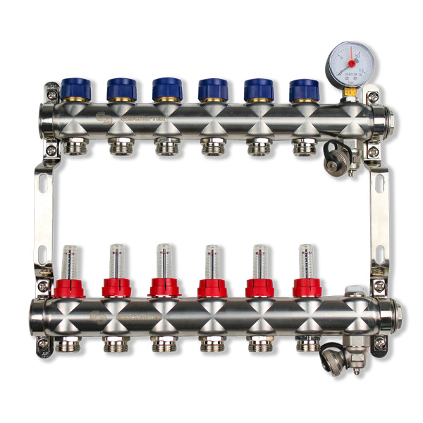 Коллекторная группа 6 отводов 1"*3/4"(евроконус) Geschaften с расходомерами (нерж.сталь) (GS1185-6)