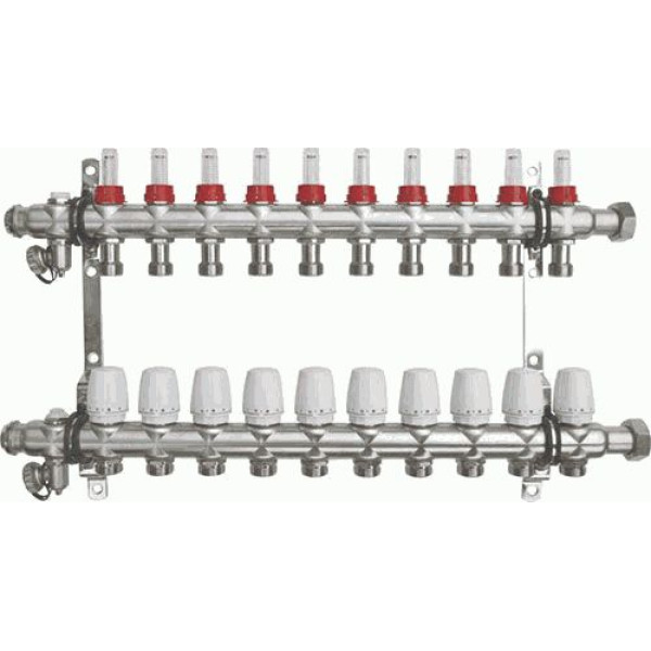 Коллекторная группа 10 отводов 1"*3/4"(18)EK с накидной гайкой и расходомерами TeRma (нерж.ст) (14263)