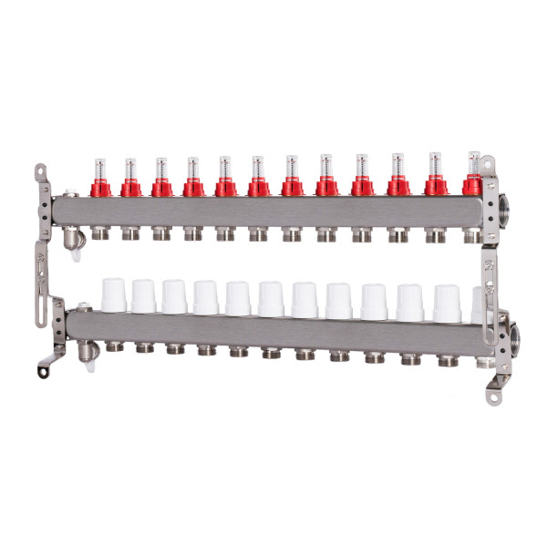 Коллекторная группа 12 отводов 1"*3/4"(18) ЕК с расходомерами Okseler (нерж.ст) с дренажным краном и краном Маевского (Oks00322)