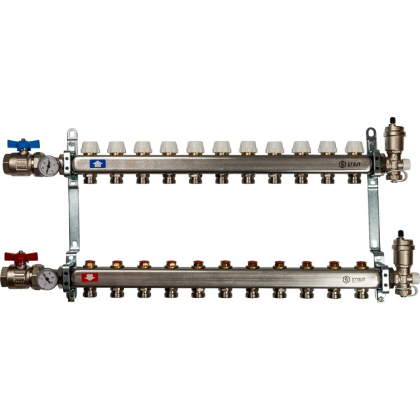 Коллекторная группа 11 отводов 1"x3/4"(18)EK в сборе без расходомеров Stout (нерж.сталь) (SMS-0912-000011)