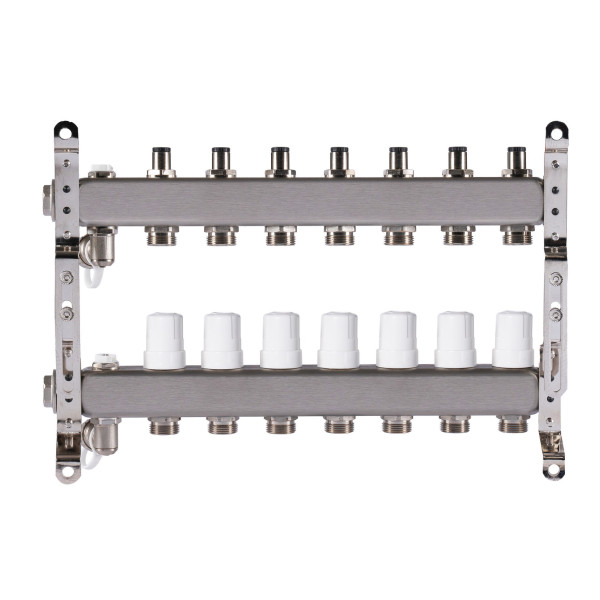 Коллекторная группа 7 отводов 1"*3/4"(18) ЕК с регулировочными клапанами Okseler (нерж.ст) с дренажным краном и краном Маевского (Oks00306)