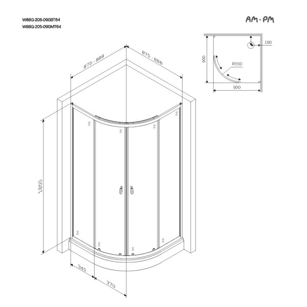 Душевое ограждение AM.PM X-Joy 90x90 стекло прозрачное, профиль хром (W88G-205-090MT64)