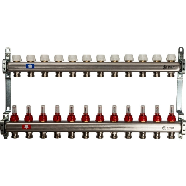 Коллекторная группа 12 отводов 1"x3/4"(18)EK с расходомерами Stout (нерж.сталь) (SMS-0917-000012)