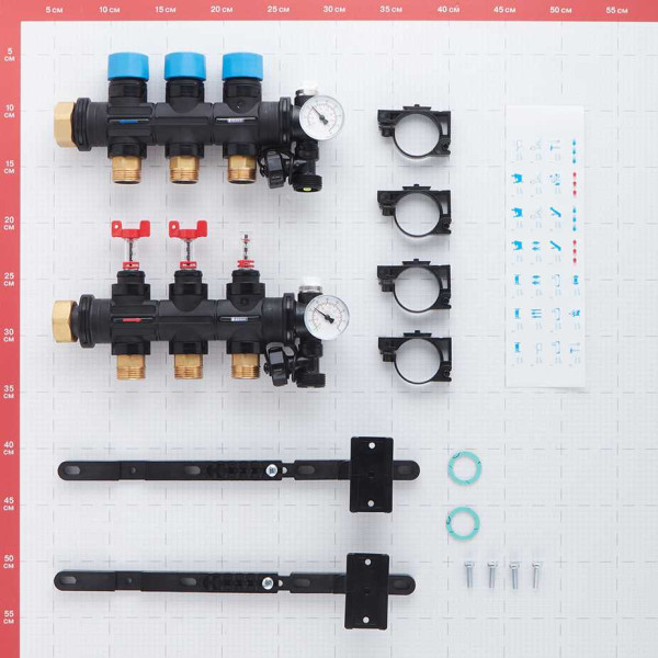 Коллекторная группа Henco 3 отвода 1"-3/4" НР ЕК M30х1,5 мм. с расходомерами и термометрами (композит) (UFH-0605MDK03-03L)