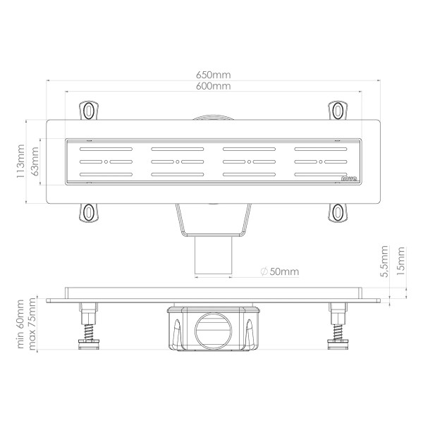 Лоток душевой 600 мм. Nova (боковой слив 360° D50, сухой затвор, решетка из нерж.ст / полоска горизонтальная) (5660)