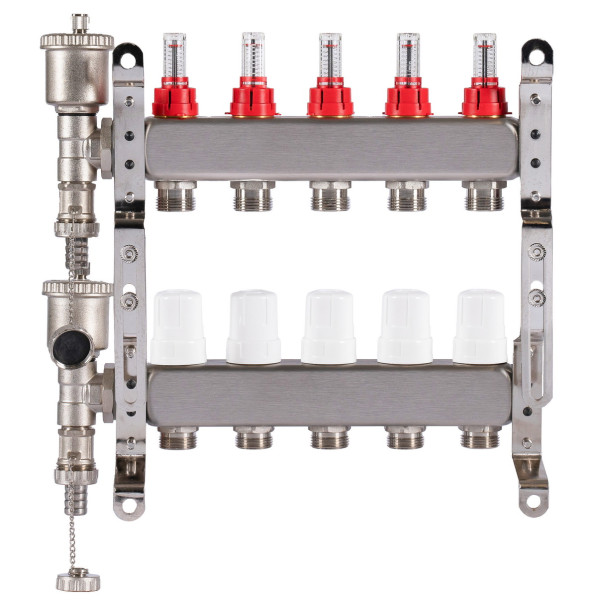 Коллекторная группа 5 отводов 1"*3/4"(18) ЕК с расходомерами Okseler (нерж.ст) с автоматическим воздухоотводчиком и спускным краном (Oks00343)
