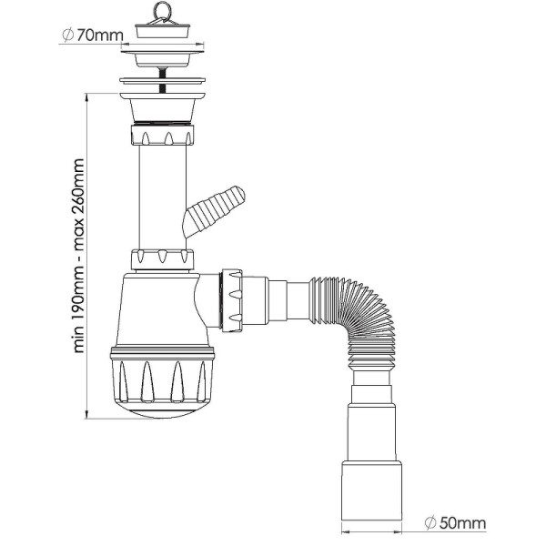 Сифон 40 мм бутылочный Nova 1 1/2"х70 мм с 1-им отв. и гибкой трубой 1 1/2"х40/50 (1061)