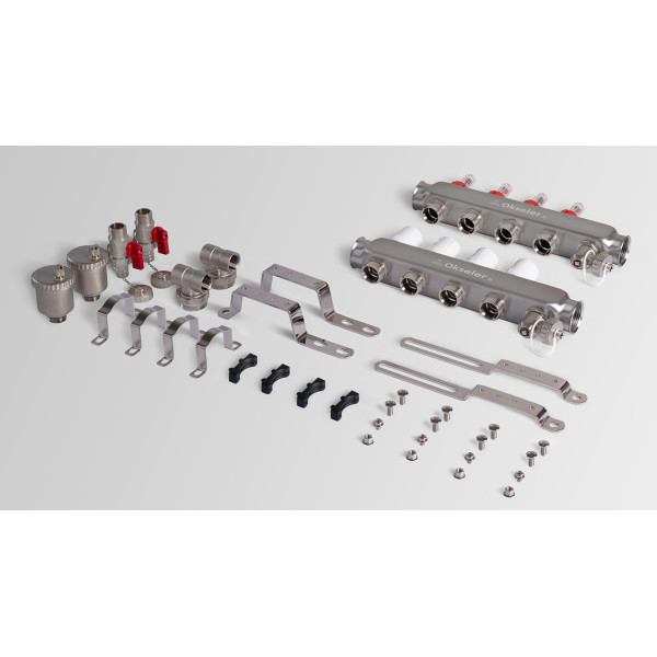 Коллекторная группа 4 отвода 1"*3/4"(18) ЕК с расходомерами Okseler (нерж.ст) с автоматическим воздухоотводчиком и спускным краном (Oks00342)