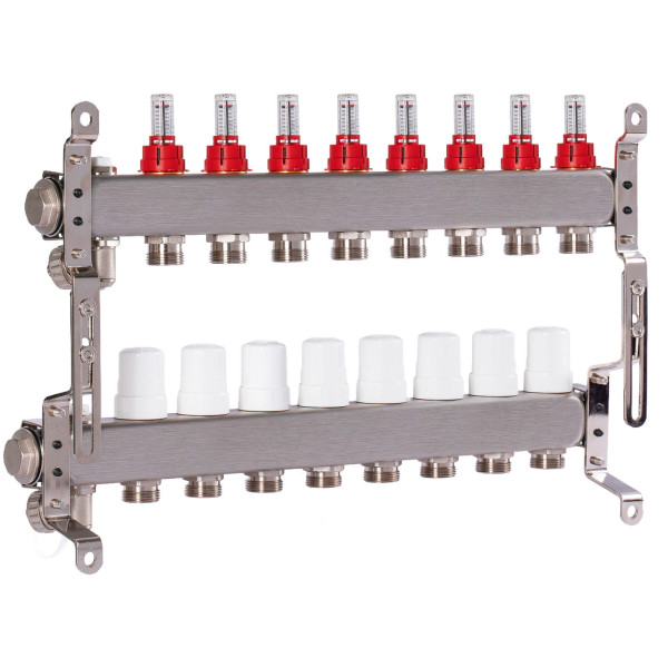 Коллекторная группа 8 отводов 1"*3/4"(18) ЕК с расходомерами Okseler (нерж.ст) с дренажным краном и краном Маевского (Oks00318)