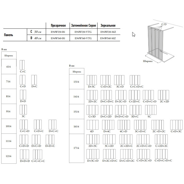 Душевое ограждение Jacob Delafon Nouvelle 40x200 стекло зеркальное, профиль черный (E94WI40-MZ)