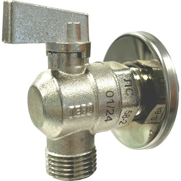 Кран угловой 1/2"х1/2" НН шаровый TEBO (с чашкой, никель) Т-КШ.С.555.1212.ХР.CN