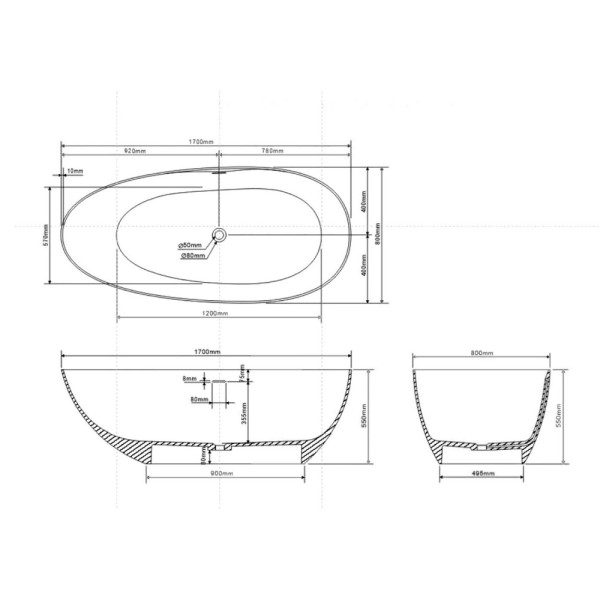 Ванна из искусственного камня Abber Stein 170x80x55 белая матовая (AS9611NM-1.7)