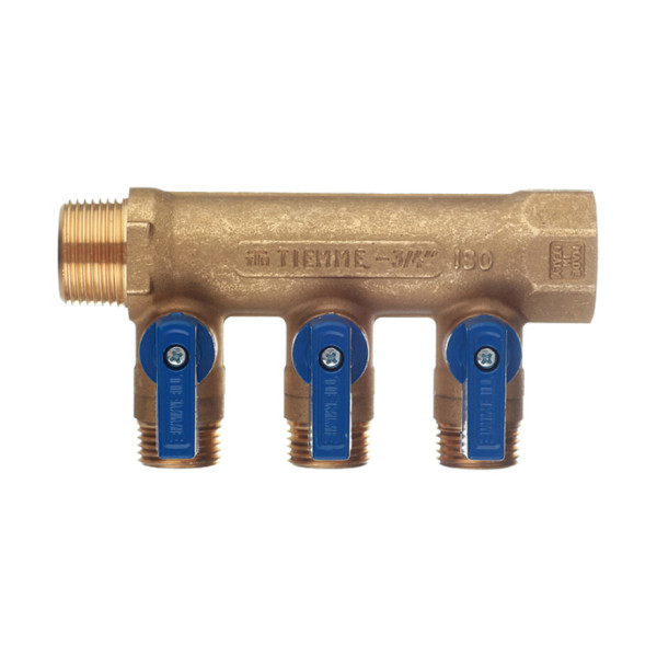 Коллектор 3 отв. с шар. клапанами Tiemme 3/4"*1/2"(16) (латунь) синие ручки (1820035)